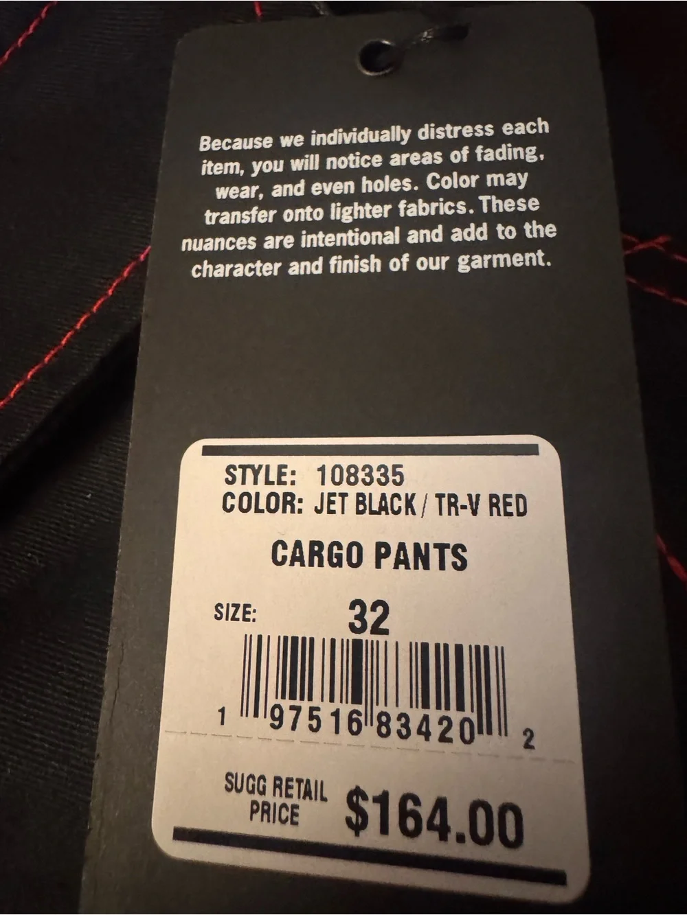 NWT True Religion Men’s 32 Black Red Stitch Baggy Cargo Pants 108335